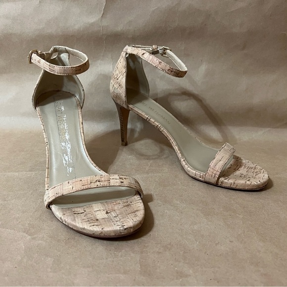 Stuart Weitzman | Nunaked Cork Mid-Heel Strap Sandals Nudist Heels Size 9.5 - Picture 1 of 14